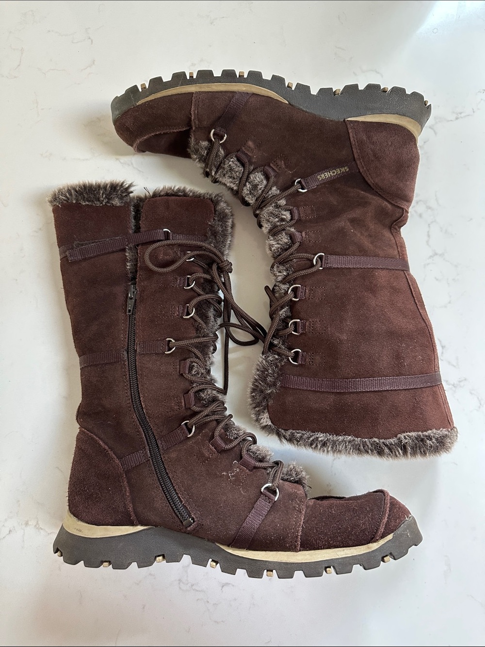 Skechers Women's Dark Brown Suede Faux-Fur Lace-Up Winter Boots